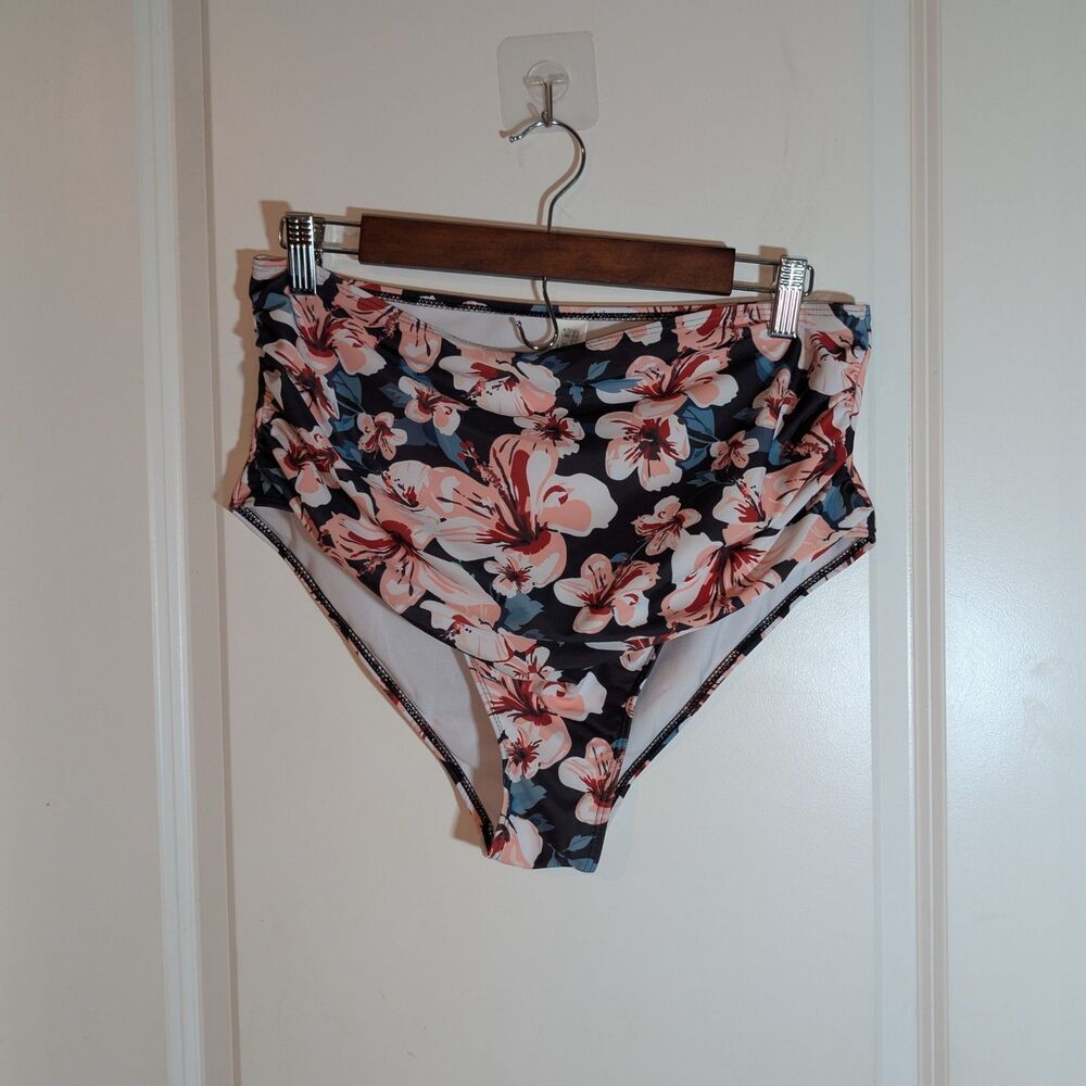 Womens XL Floral Bikini Bottom High Waisted Swimwear Pink Tropical Briefs
